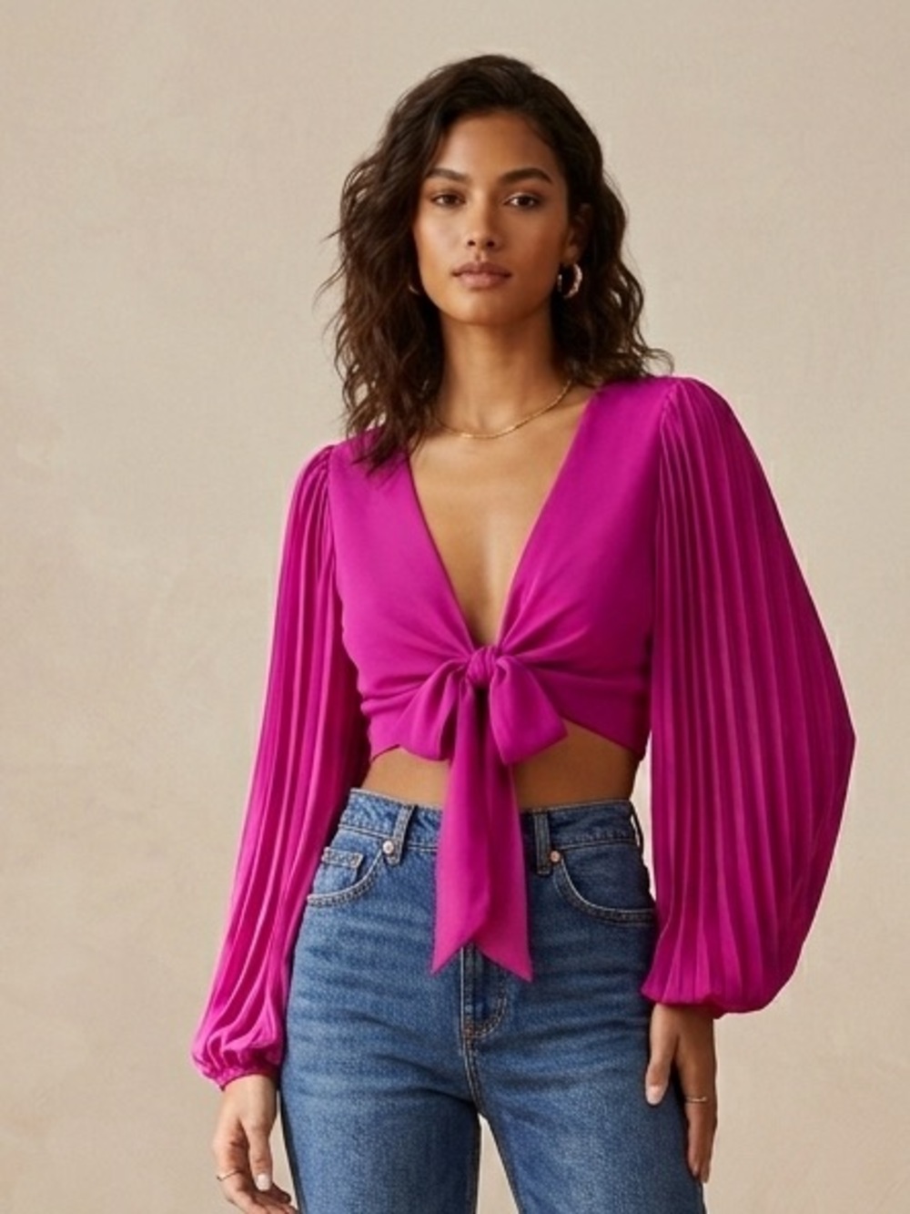 Express Magenta Tie-Front Pleated Long-Sleeve Crop Top